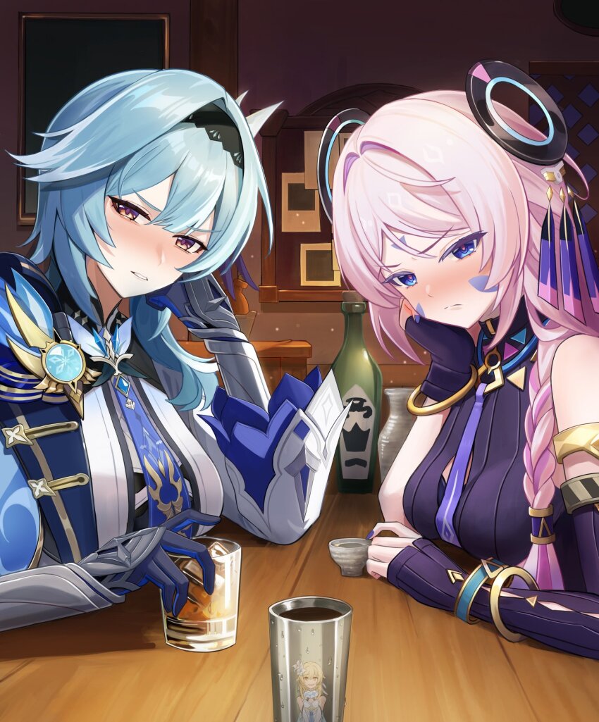 3girls asymmetrical_gloves bare_shoulders black_gloves blue_eyes blue_hair blue_necktie blush braid citlali_(genshin_impact) closed_mouth cup drunk elbow_gloves eula_(genshin_impact) facial_mark fingerless_gloves genshin_impact gloves highres indoors looking_at_viewer lumine_(genshin_impact) manjirou_(manji_illust) multiple_girls necktie parted_lips pink_hair pink_pupils sitting triangle triangle_facial_mark twin_braids uneven_gloves vision_(genshin_impact) yellow_eyes