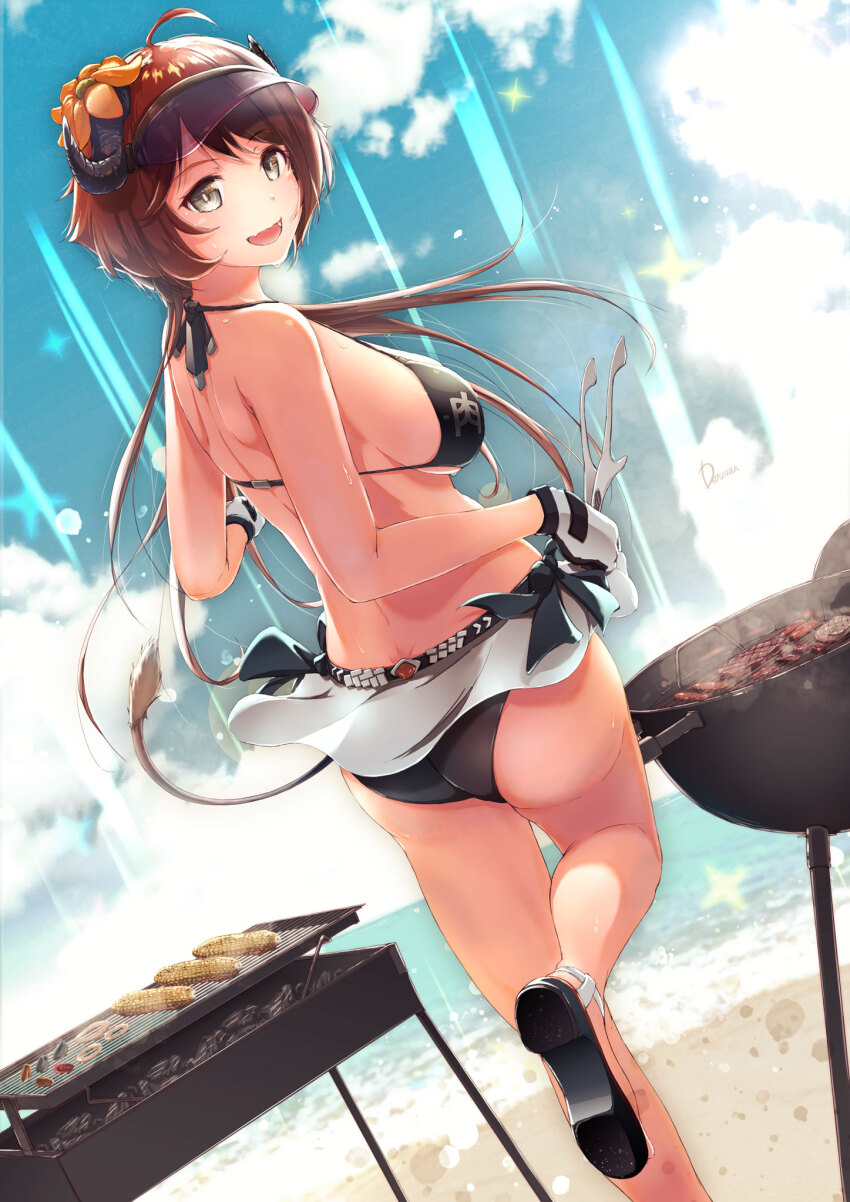 1girl ahoge arknights ass bare_legs beach bikini black_bikini blue_sky bow breasts brown_hair calamari clam cloud commentary_request cooking corn croissant_(arknights) day dermar fang flower food from_behind gloves grey_eyes grill grilling hair_flower hair_ornament halterneck highres horns large_breasts light_rays looking_back medium_breasts miniskirt ocean open_mouth outdoors penguin_logistics_(arknights) platform_footwear revision sausage sideboob sidelocks skirt sky smile smoke solo sparkle standing standing_on_one_leg swimsuit tongs visor_cap water