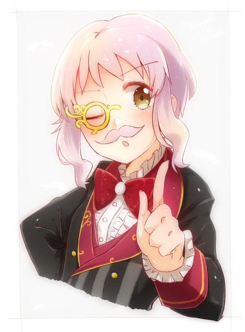 :o black_jacket blouse blush bow bowtie breasts buttons center_frills collar commentary_request facial_hair fake_facial_hair fake_mustache frilled_collar frilled_sleeves frills hand_up highres idolmaster idolmaster_million_live! idolmaster_million_live!_theater_days index_finger_raised jacket long_sleeves looking_at_viewer makabe_mizuki monocle mustache negu_(pixiv_6519140) one_eye_closed purple_hair red_bow red_bowtie shirt short_hair sidelocks small_breasts solo upper_body wavy_hair white_background white_shirt yellow_eyes
