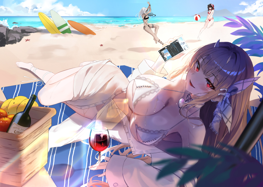 3girls alcohol bare_shoulders beach beach_mat bikini black_bikini blurry bottle breasts brown_hair choker cleavage cup day depth_of_field dress_shirt drinking_glass goddess_of_victory:_nikke hair_ribbon halterneck hand_up heart heart_choker highres holding holding_phone lace lace-trimmed_bikini lace_trim large_breasts lkeris long_hair looking_at_viewer lying multiple_girls off_shoulder official_alternate_costume on_side open_mouth outdoors partially_unbuttoned phone picnic_basket red_eyes red_wine ribbon rosanna_(chic_ocean)_(nikke) rosanna_(nikke) sakura_(bloom_in_summer)_(nikke) sakura_(nikke) shade shirt skindentation smile solo_focus string_bikini surfboard swimsuit thighs viper_(nikke) viper_(shine_of_love)_(nikke) wet white_bikini white_choker white_shirt wine wine_glass