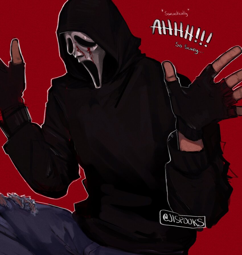 1boy black_gloves black_hoodie blood blood_on_clothes blood_on_hands blood_on_mask colored_skin cowboy_shot denim english_text fingerless_gloves from_side ghost_mask ghostface gloves hands_up highres hood hood_up hoodie jeans jispooks long_sleeves male_focus mask mask_on_head pants red_background scream_(movie) sitting solo torn_clothes torn_jeans torn_pants upper_body white_skin