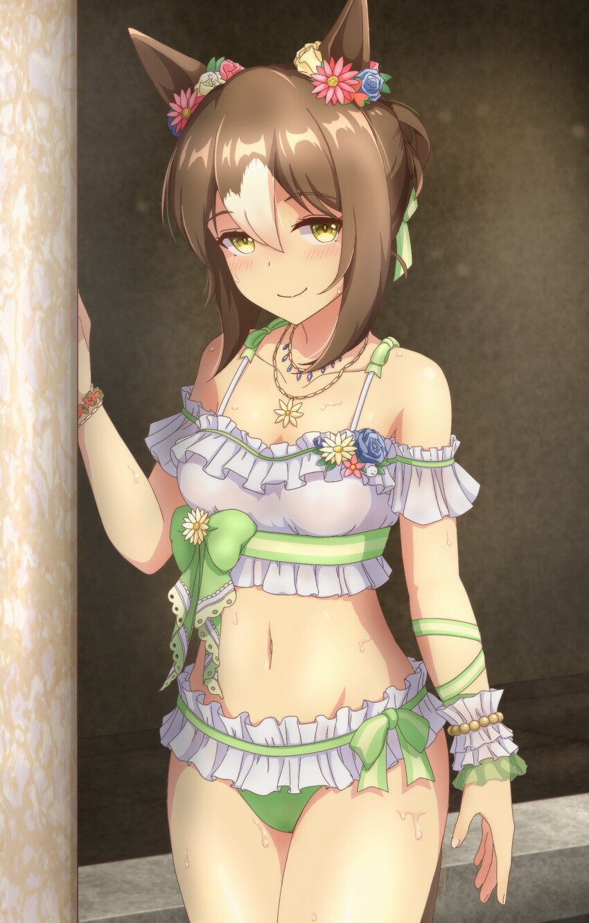 1girl alternate_costume animal_ears breasts brown_hair collarbone commentary_request cosplay fine_motion_(umamusume) folded_ponytail hair_ornament highres horse_ears horse_girl horse_tail jewelry mejiro_mcqueen_(ripple_fairlady)_(umamusume) mejiro_mcqueen_(umamusume) mejiro_mcqueen_(umamusume)_(cosplay) navel necklace shiodanx small_breasts smile solo swimsuit tail umamusume
