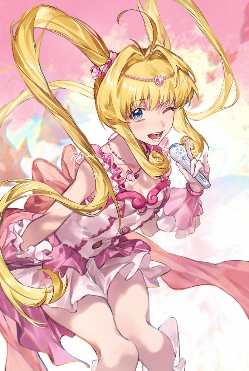 1girl ahoge back_bow blonde_hair blue_eyes bow commentary dress feet_out_of_frame frilled_dress frilled_gloves frills gem gloves hair_bow hair_intakes hand_up head_chain highres holding holding_microphone jewelry light_blush long_hair looking_at_viewer mermaid_melody_pichi_pichi_pitch microphone nanami_lucia nanami_lucia_(super_idol) necklace one_eye_closed open_mouth pink_bow pink_dress pink_gemstone pink_gloves shell shell_necklace sidelocks sleeveless sleeveless_dress smile solo symbol-only_commentary teeth twintails xuchuan