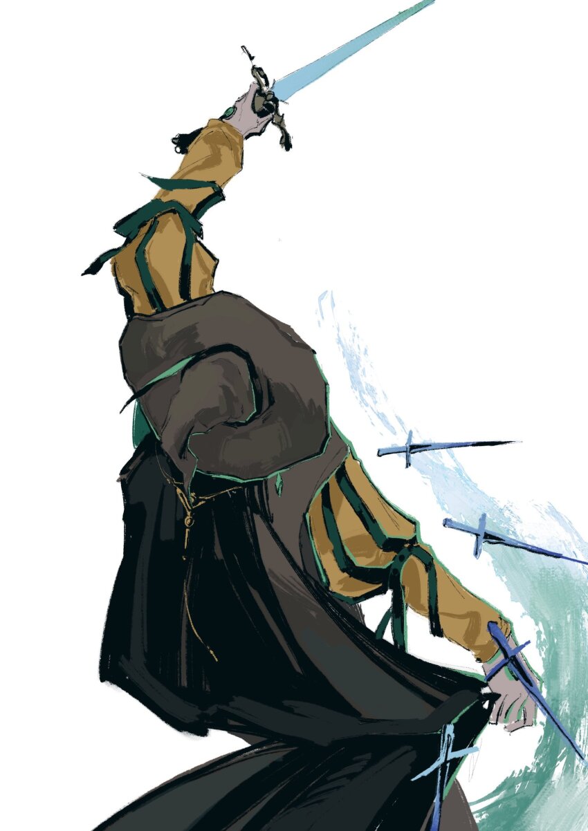 1other black_cape brown_hat cape dagger elden_ring hat highres holding holding_sword holding_weapon jiao_chang knife magic puffy_sleeves shirt solo sword weapon white_background wizard_hat yellow_shirt