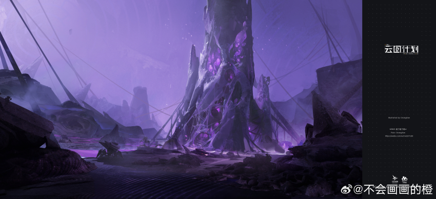absurdres artist_name bilibili_username chinese_commentary copyright_name copyright_notice girls&#039;_frontline girls&#039;_frontline_neural_cloud highres no_humans official_art orangesw_(yenv5574) pillar pixiv_username purple_theme scenery tagme watermark weibo_username weibo_watermark