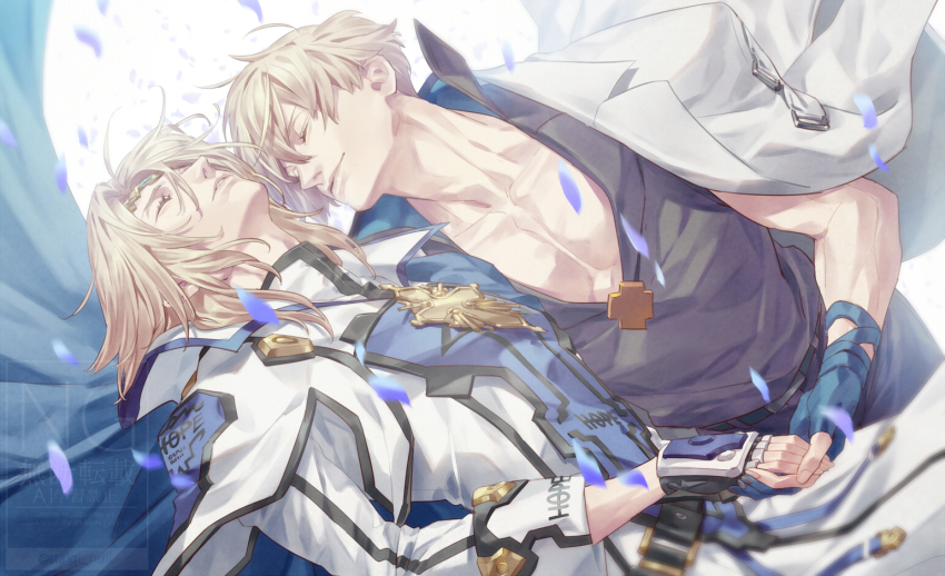 belt belt_buckle black_belt black_shirt black_trim blue_cape blue_gloves buckle cape closed_eyes coat collarbone collared_coat commentary_request confetti curtained_hair dual_persona fingerless_gloves gloves guilty_gear guilty_gear_2 guilty_gear_strive holding_hands jacket jacket_on_shoulders ky_kiske lapels male_focus pants parted_lips pectoral_cleavage pectorals shirt short_hair smile talgi white_coat white_jacket wing_collar