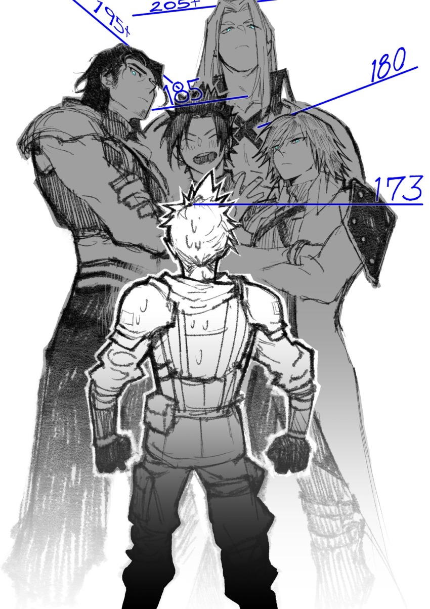 5boys angeal_hewley aqua_eyes arm_armor armor belt boots bracer chest_strap clenched_hands closed_eyes cloud_strife coat collarbone commentary commentary_request crisis_core_final_fantasy_vii crossed_arms english_commentary facing_away final_fantasy final_fantasy_vii genesis_rhapsodos gloves hand_up happy height_chart height_conscious height_difference highres jjinpang knee_boots light_blush long_bangs looking_down male_focus medium_hair military_uniform monochrome multiple_belts multiple_boys open_mouth pants parted_bangs pauldrons scarf sephiroth serious shinra_infantry_uniform shirt short_hair shoulder_armor sleeveless sleeveless_turtleneck smile spiked_hair spot_color standing sweat toned toned_male turtleneck turtleneck_shirt waving zack_fair