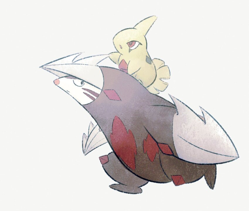 black_hair brown_fur claws excadrill fireblast gen_2_pokemon gen_5_pokemon larvitar looking_up lying nintendo no_humans on_back pointing pointing_up pokemon pokemon_(creature) red_eyes running size_difference