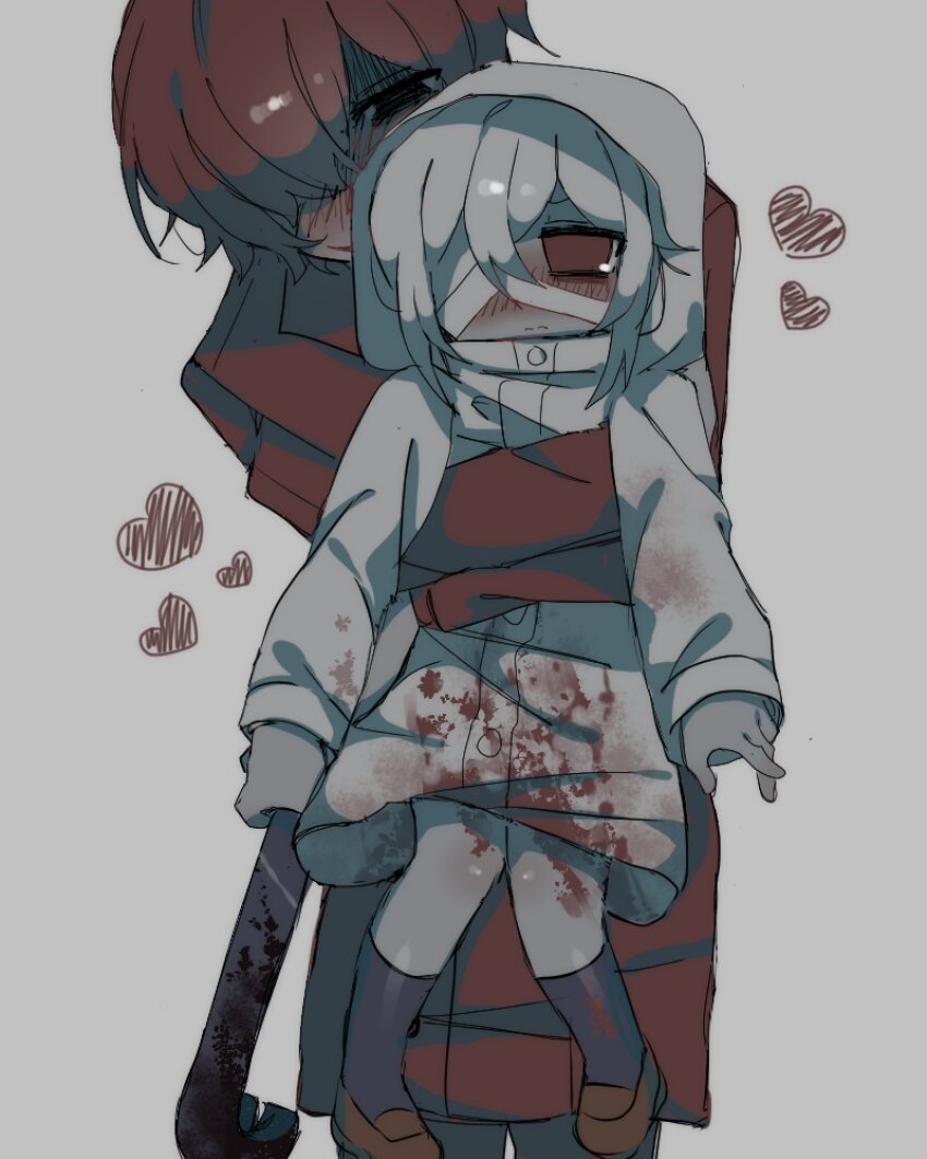 1boy 1girl blood blood_on_clothes bloody_weapon blush brown_coat brown_eyes brown_hair carrying carrying_person coat crowbar deliriumcenter grey_background grey_hair heroine_(homicipher) highres holding holding_crowbar homicipher hood hood_up loving_aura mr._scarletella muted_color raincoat short_hair simple_background weapon