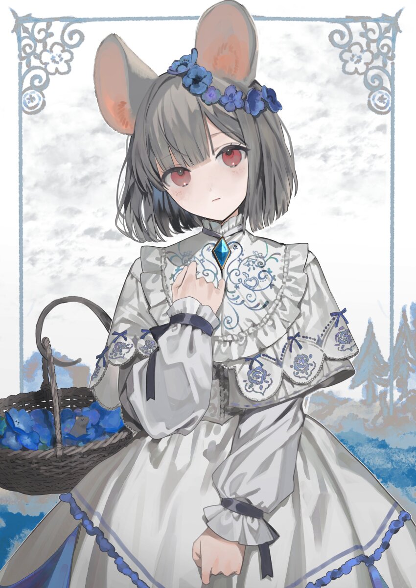 1girl absurdres alternate_costume animal_ears basket blue_flower capelet daimaou_ruaeru dress expressionless flower flower_wreath frills grey_hair hand_on_own_chest highres long_sleeves looking_at_viewer medium_hair mouse_(animal) mouse_ears mouse_girl mouse_tail nazrin red_eyes solo tail touhou upper_body white_capelet white_dress