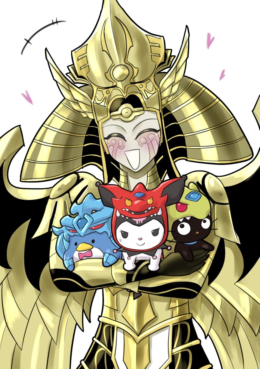 1girl absurdres armor blush chococat colored_skin cosplay crossover facial_mark go_madare gold_armor gold_headwear happy heart highres holding kuromi mechanical_wings obelisk_the_tormentor obelisk_the_tormentor_(cosplay) open_mouth osiris_the_sky_dragon osiris_the_sky_dragon_(cosplay) sanrio shoulder_pads simple_background solo the_creator_god_of_light_horakhty the_winged_dragon_of_ra the_winged_dragon_of_ra_(cosplay) tuxedo_sam white_background wings yellow_skin yu-gi-oh!