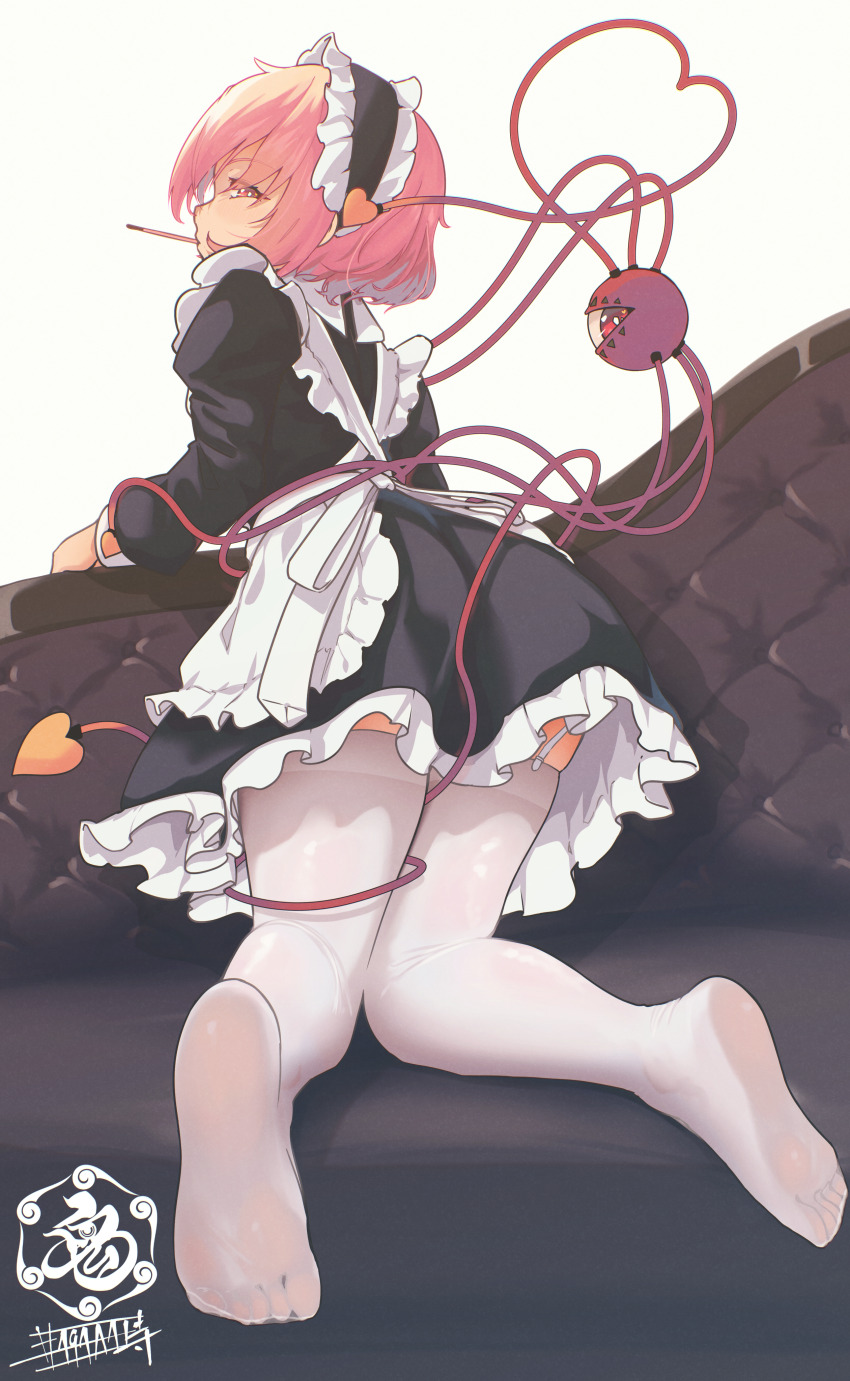 1girl absurdres alternate_costume apron black_dress black_hairband commentary_request couch dress enmaided eyeball feet food food_in_mouth frilled_hairband frills from_behind full_body garter_straps hair_ornament hairband heart heart_hair_ornament highres komeiji_satori long_sleeves looking_at_viewer looking_back maid pink_eyes pink_hair pocky pocky_day pocky_in_mouth satori_day senzaicha_kasukadoki short_hair signature solo thighhighs third_eye touhou white_apron white_thighhighs