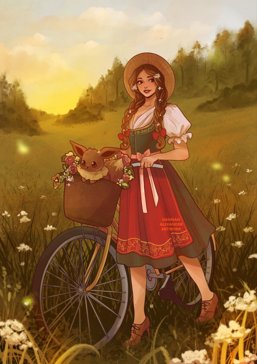 1girl artist_name bicycle bicycle_basket bow braid brown_eyes brown_hair brown_shoes cross-laced_footwear eevee flower freckles gen_1_pokemon hair_bow hair_flower hair_ornament hannahartwork hat high_heels highres lace-up_heels lipstick makeup nintendo outdoors oxford_heels parted_lips pokemon puffy_short_sleeves puffy_sleeves pumps pushing_bicycle red_bow shoes short_sleeves solo stiletto_heels sun_hat sunrise tree twin_braids walking watermark
