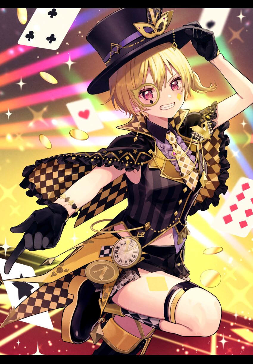 1girl ace_(playing_card) ace_of_hearts arm_up asymmetrical_clothes asymmetrical_legwear black_boots black_cape black_gloves black_hat black_shirt black_skirt black_thighhighs blonde_hair body_markings boots bracelet cape card chain checkered_cape checkered_clothes checkered_necktie checkered_socks club_(shape) coin collared_shirt commentary diamond_(shape) diamond_facial_mark domino_mask eight_of_diamonds_(playing_card) facial_mark five_of_clubs frilled_cape frills gloves gold_chain grin hair_between_eyes hand_on_headwear hat heart highres idolmaster idolmaster_shiny_colors index_finger_raised jewelry kuroda_(kuro_yyy) letterboxed looking_at_viewer mask microskirt midriff monocle navel necktie outstretched_arm pink_eyes platform_boots playing_card playing_card_hat_ornament pocket_watch saijo_juri shirt short_hair single_thighhigh skirt sleeveless sleeveless_shirt smile solo spade_(shape) stage_lights standing standing_on_one_leg star_(symbol) striped_clothes striped_shirt tailcoat thigh_strap thighhighs thighs top_hat two_of_spades vertical-striped_clothes vertical-striped_shirt watch wing_collar yellow_cape yellow_necktie