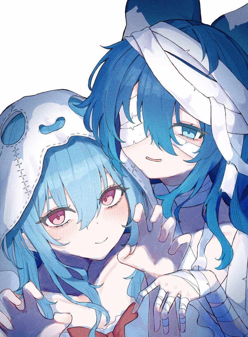 2girls absurdres bandage_over_one_eye bandaged_arm bandaged_head bandaged_neck bandages blue_bow blue_eyes blue_hair bow claw_pose cloak closed_mouth commentary ghost_costume hair_between_eyes hair_bow hands_up highres hinanawi_tenshi hood hood_up hooded_cloak kaminose_(user_veum4325) long_hair looking_at_viewer multiple_girls mummy_costume one_eye_covered open_mouth pink_eyes red_bow simple_background smile symbol-only_commentary touhou upper_body wavy_hair white_background white_cloak yorigami_shion