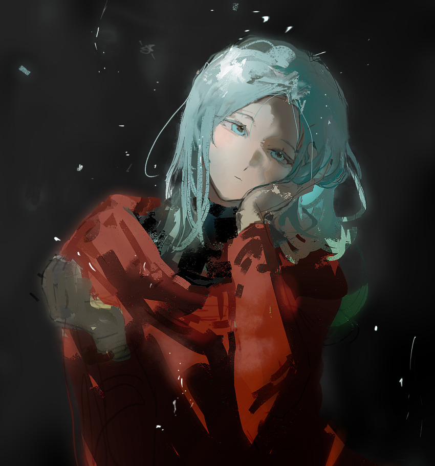 1girl black_background blue_eyes blue_hair chinese_commentary closed_mouth commentary_request enomoto_noa expressionless hand_on_own_cheek hand_on_own_face hand_up head_tilt heibaihuabing highres long_sleeves parted_bangs red_shirt saibou_shinkyoku shirt sketch solo upper_body