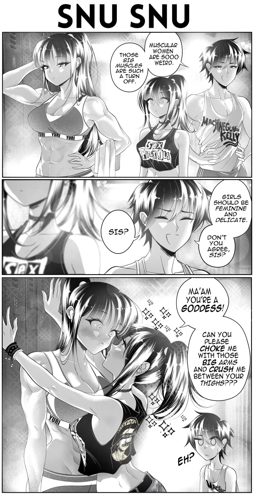 1boy 2girls 3koma abs absurdres belt blush breasts brother_and_sister choker cleavage closed_eyes closed_mouth comic commentary confused crop_top earrings english_commentary english_text greyscale grs- hair_between_eyes height_difference highres jewelry kabedon left-to-right_manga locker locker_room long_hair machine_gun_kelly machine_gun_kelly monochrome multiple_girls muscular muscular_female muscular_male open_mouth original ponytail right-to-left_comic sex_pistols shirt short_hair siblings smile sparkle speech_bubble sports_bra standing t-shirt tank_top toned towel yuri
