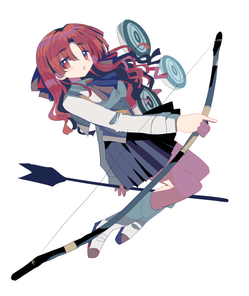 1girl absurdres arm_behind_back arrow_(projectile) blue_skirt bow bow_(weapon) bowtie breasts collared_shirt floating floating_hair frilled_socks frills full_body hair_bow highres holding holding_arrow holding_bow_(weapon) holding_weapon kneehighs long_hair long_sleeves looking_at_viewer medium_breasts open_mouth orange_vest pleated_skirt red_bow red_bowtie red_eyes red_hair sayonara_wo_oshiete school_uniform shirt shoes simple_background skirt socks solo ueno_koyori usagi_nui uwabaki vest wavy_hair weapon white_background white_shirt white_shoes white_socks