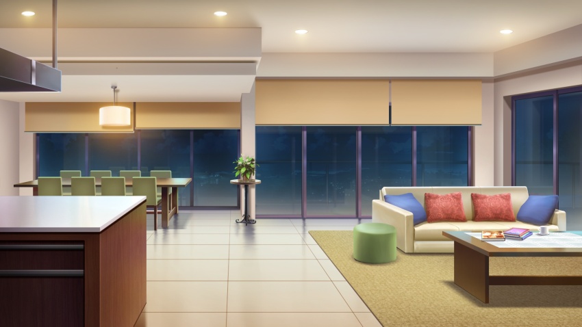 apartment book carpet ceiling_light chair couch dining_room footrest glowing highres indoors night no_humans non-web_source official_art our_life:_beginnings_and_always pillow plant potted_plant railing reflective_floor scenery sunlight table tile_floor tiles tree variant_set window_light window_shutter wooden_chair wooden_table
