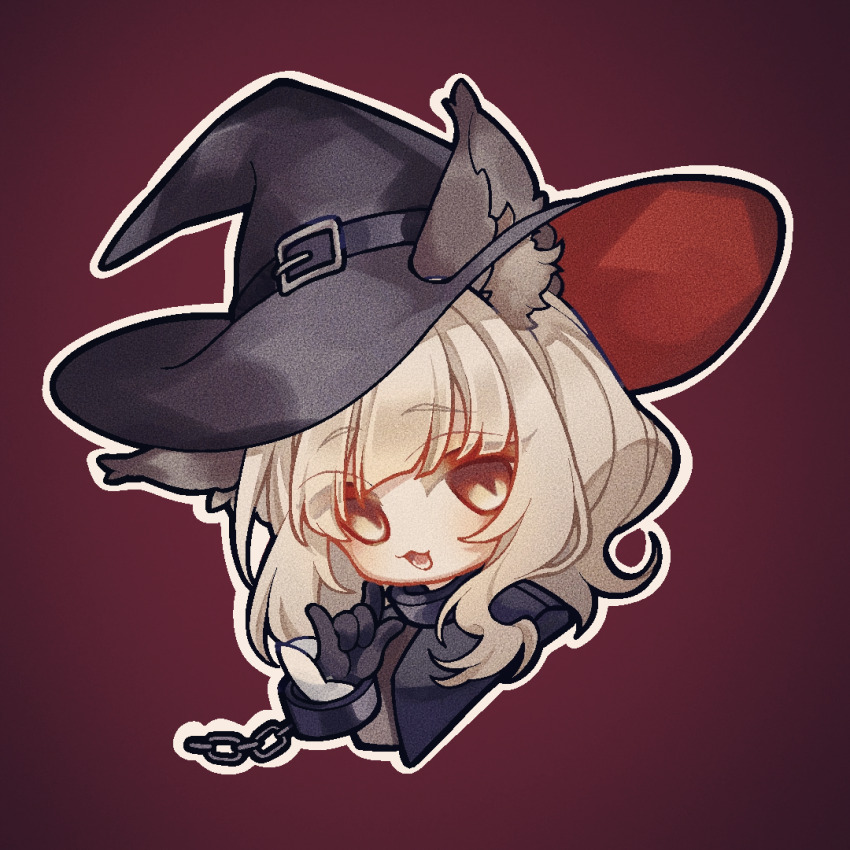 1girl :d animal_ear_fluff animal_ears arknights belt_buckle black_gloves black_hat black_jacket brown_eyes brown_hair buckle chain chibi commentary_request cropped_torso cuffs ears_through_headwear gloves hand_up hat hat_belt haze_(arknights) jacket looking_at_viewer m/ nijiadesmzhachengqiule open_mouth outline red_background simple_background smile solo thick_eyebrows upper_body white_outline witch_hat