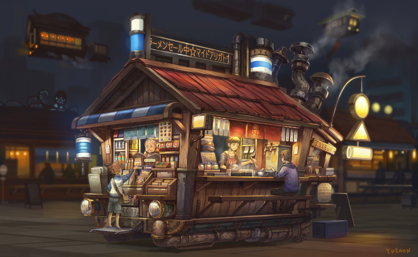 1girl 3boys apron artist_name bag bench blue_footwear bottle bowl brown_hair ceiling_light chimney commentary flying flying_vehicle food food_truck grey_shirt grey_shorts hair_bun highres holding holding_bowl holding_ladle holding_newspaper hood hoodie jar ladle lantern license_plate market_stall medium_hair menu mikan_yuzuko multiple_boys newspaper night night_sky noodles on_bench original outdoors paper_lantern purple_hoodie ramen reading red_apron satchel scenery shirt short_hair shorts sign single_hair_bun sky standing steampunk string_of_flags vending_cart white_hair