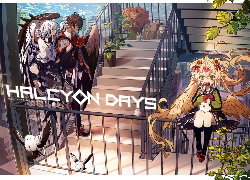+_+ 1boy 2girls ahoge animal animal_on_lap animal_on_shoulder artist_name belt bird bird_on_lap bird_on_shoulder bird_wings black_footwear black_garter black_hair black_pants black_scarf black_socks black_vest black_wings blanc_(hen-tie) blonde_hair blue_coat blue_eyes blue_necktie blue_ribbon blue_sailor_collar blue_shirt blue_skirt blue_sky book bookstore bow brown_eyes brown_wings buttons candy chicken child chiruha_(hen-tie) cityscape closed_mouth cloud coat collared_shirt commentary crisanto_(hen-tie) dark-skinned_male dark_skin day deviantart_sample earrings eating english_commentary english_text eyelashes feather_hair_ornament feathered_wings feathers flower food footwear_bow frilled_garter frilled_thigh_strap full_body green_eyes green_jacket hair_bow hair_flower hair_lift hair_ornament hair_rings heart hen-tie holding holding_book holding_candy holding_food holding_lollipop image_sample jacket jewelry kneehighs light_frown lollipop long-tailed_tit long_hair long_sleeves marigold mary_janes medium_hair messy_hair miniskirt multicolored_hair multiple_girls neckerchief necktie on_lap on_railing open_book open_clothes open_jacket orange_belt orange_necktie orange_shirt original outdoors pants petting plant pleated_skirt potion potted_plant railing reading red_bow red_footwear red_neckerchief ribbon ribbon-trimmed_garter ribbon_legwear rooster sailor_collar scarf school_uniform shirt shoes shop short_hair single_earring skirt sky sneakers socks stairs streaked_hair striped_clothes striped_scarf sweater_jacket swirl_lollipop tassel tassel_earrings thigh_strap tit_(bird) twintails two-tone_footwear two-tone_scarf two-tone_wings v-neck very_long_hair vest watermark white_footwear white_hair white_jacket white_scarf white_wings wings yellow_flower