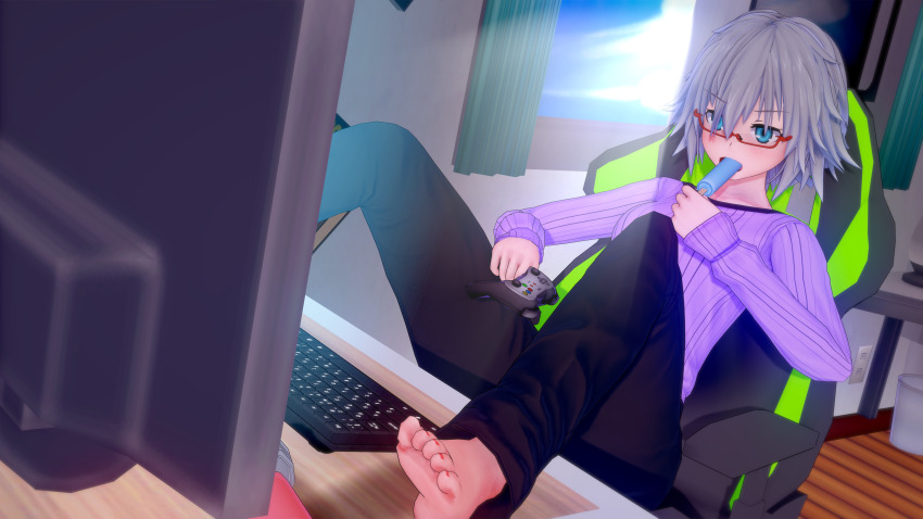 1girl absurdres bedroom blue_hair computer date_a_live dr.xidan17 feet food glasses highres honjou_nia ice_cream pants short_hair sitting solo white_hair