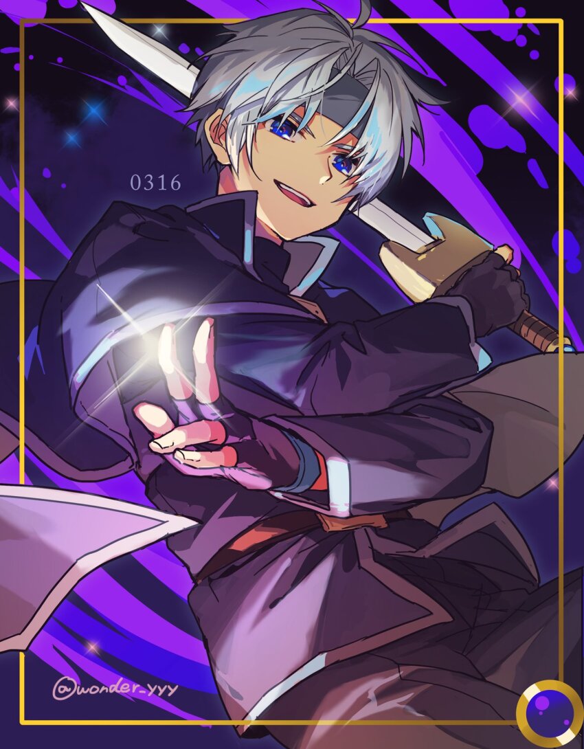 1boy artist_name belt birthday black_cape black_gloves black_headband black_pants black_shirt blue_eyes brown_belt cape commentary cowboy_shot fingerless_gloves gloves headband highres holding holding_sword holding_weapon kuroda_(kuro_yyy) looking_at_viewer male_focus open_mouth pants puyopuyo schezo_wegey shirt short_hair smile solo sword teeth twitter_username upper_teeth_only weapon white_hair