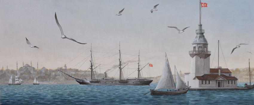 absurdres atelier_bono bird city ertugrul_(frigate) flag frigate hagia_sophia highres historical_event istanbul lighthouse mast military_vehicle ocean original ottoman_empire port sail sailing_ship scenery seagull ship sky smoke smokestack traditional_media warship watercraft