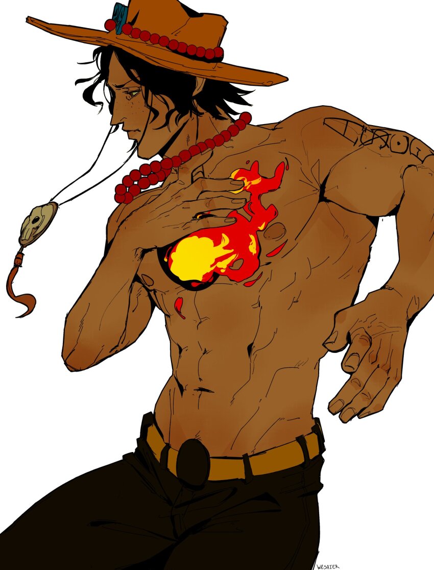 1boy abs arm_tattoo arm_up arms_up bead_necklace beads belt black_hair black_pants brown_eyes closed_mouth commentary cowboy_shot fire freckles groin hair_behind_ear hand_on_own_chest hashtag-only_commentary highres hole_in_chest hole_on_body jewelry looking_down male_focus navel necklace nipples one_piece pants pectorals portgas_d._ace simple_background solo tattoo topless_male wesaier white_background