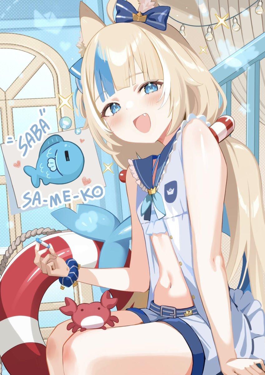 1girl :d ahoge alcoholrang animal_ear_fluff animal_ears animal_on_leg bare_arms blonde_hair blue_eyes blue_hair blue_neckerchief blue_sailor_collar blush bow bubble buttons cat_ears chalk character_name collar commentary commentary_request crab curtains dress fang feet_out_of_frame fins fish_girl fish_tail hair_bow hand_rest heart highres holding holding_chalk indie_virtual_youtuber kaniki_(sameko_saba) lifebuoy lifebuoy_hair_ornament light_bulb long_hair looking_at_viewer low_twintails multicolored_hair navel neckerchief open_mouth paper_boat railing rope sailor_collar sameko_saba sameko_saba_(fish) scrunchie shorts sitting sleeveless sleeveless_dress smile sparkle streaked_hair string_of_light_bulbs swim_ring tail tongue twintails unbuttoned very_long_hair virtual_youtuber white_dress white_shorts window wrist_scrunchie