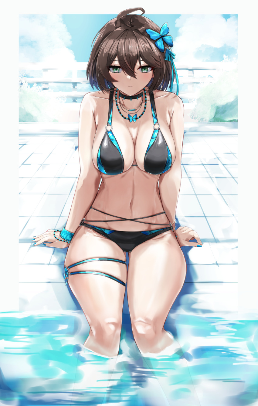 bikini brown_hair counter:side elizabeth_pendragon green_eyes highres msto outdoors poolside swimsuit
