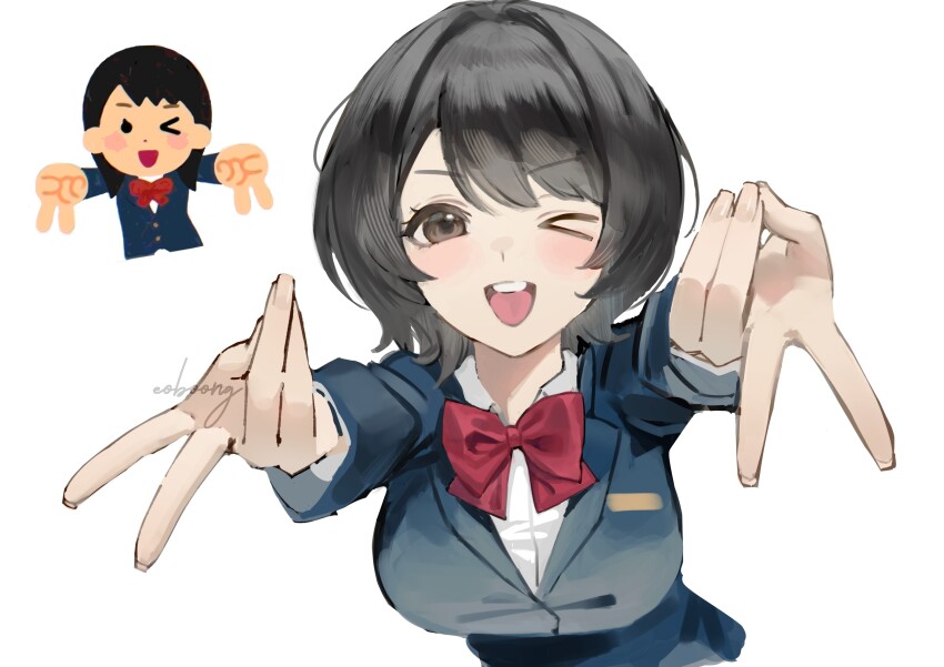 1girl absurdres black_hair blazer blue_jacket bow bowtie breasts brown_eyes collared_shirt double_v eoboong highres irasutoya irasutoya_challenge jacket large_breasts long_sleeves looking_at_viewer open_mouth red_bow red_bowtie reference_inset school_uniform shirt short_hair signature simple_background smile teeth upper_teeth_only v v-shaped_eyebrows white_background white_shirt