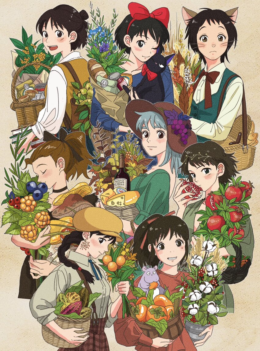 6+girls :d aged_up animal animal_ears arrietty autumn_leaves backpack bag baguette basket berry black_bow black_cat black_dress black_hair black_shorts blue_dress blue_ribbon blue_skirt blue_vest blush book book_stack bottle bou_(sen_to_chihiro_no_kamikakushi) bouquet bow bowtie braid braided_ponytail bread breasts brown_background brown_eyes brown_hair burger cacao_fruit cameo can carrying carrying_under_arm casual cat cat_ears cat_girl character_print choker closed_mouth clothed_animal collarbone collared_shirt company_connection cowboy_shot crossover denim dress dress_shirt earrings eating eyelashes fish flower flower_pot food from_behind from_side fruit fruit_hat_ornament grape_hat_ornament green_dress grey_hair grin grocery_bag hair_bow hair_bun hair_ribbon hairband half_updo hand_up handbag hat hat_ornament head_wreath highres holding holding_animal holding_bag holding_basket holding_book holding_bouquet holding_flower_pot holding_food holding_fruit howl_no_ugoku_shiro inset jam jeans jewelry jiji_(majo_no_takkyuubin) kaonashi karigurashi_no_arrietty kiki_(majo_no_takkyuubin) leaf leaf_hat_ornament long_hair long_sleeves looking_at_another looking_at_viewer looking_to_the_side majo_no_takkyuubin mononoke_hime mouse_(animal) multiple_crossover multiple_girls mushroom neck_ribbon neko_no_ongaeshi object_kiss ogino_chihiro one_eye_closed open_mouth orange_(fruit) pants paper_bag persimmon plaid_clothes plaid_skirt plant plunging_neckline pomegranate ponytail potted_plant profile puffy_long_sleeves puffy_short_sleeves puffy_sleeves red_bow red_bowtie red_ribbon red_shirt ribbon rikaco1988 san_(mononoke_hime) sen_to_chihiro_no_kamikakushi sheeta shirt shirt_tucked_in shopping_bag short_hair short_sleeves shorts sideways_glance single_braid single_hair_bun skirt skirt_set small_breasts smile snout sophie_hatter studio_ghibli sun_hat suspender_skirt suspenders tenkuu_no_shiro_laputa vest wheat whiskers white_flower white_shirt wine_bottle yellow_flower yellow_headwear yellow_vest yoshioka_haru