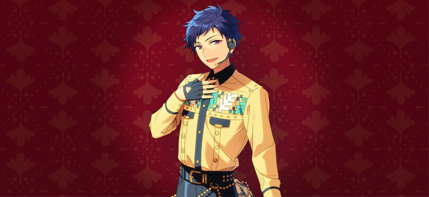1boy belt belt_buckle black_belt black_gloves blue_hair buckle collared_shirt dark_blue_hair dress_shirt ensemble_stars! fingerless_gloves fingernails fushimi_yuzuru gloves hand_on_own_chest hand_up happy_elements headset long_sleeves looking_at_viewer male_focus mole mole_under_eye multicolored_clothes official_art open_mouth purple_eyes shirt short_hair solo third-party_source upper_body