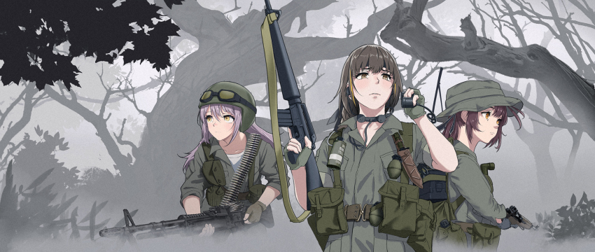 assault_rifle bandolier battle_rifle belt boonie_hat brown_eyes brown_hair brown_jacket combat_knife explosive flashlight girls&#039;_frontline goggles goggles_on_head gradient_hair grenade gun helmet highres holding holding_radio holding_walkie-talkie jacket knife load_bearing_vest long_hair m14 m14_(girls&#039;_frontline) m16 m16a1 m16a1_(girls&#039;_frontline) m60_(girls&#039;_frontline) m60_(machine_gun) machine_gun military military_combat_uniform military_operator military_uniform multicolored_hair multiple_girls outdoors pilot_helmet pink_hair pouch radio rifle shuten_(project_sky) smoke_grenade tree vietnam_war walkie-talkie weapon