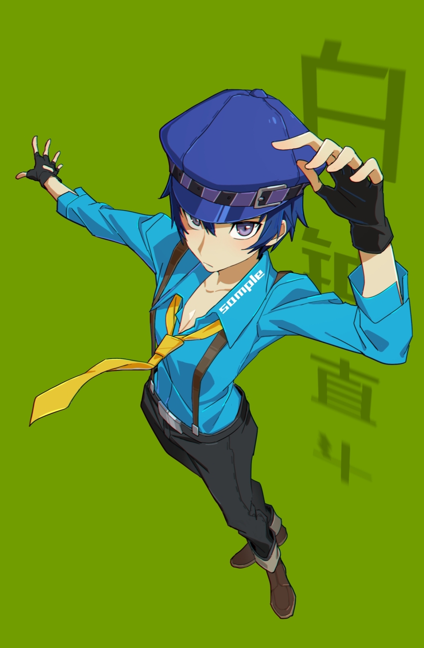 1girl absurdres belt black_gloves black_pants blue_hair blue_hat blue_shirt breasts brown_shoes cleavage closed_mouth collared_shirt commentary_request fingerless_gloves from_above full_body gloves green_background hand_up hat highres looking_at_viewer loose_necktie necktie official_alternate_costume open_hands outstretched_arm pants persona persona_4 persona_4:_dancing_all_night persona_dancing shirogane_naoto shirt shoes short_hair solo standing suspenders yellow_necktie yiguanli123