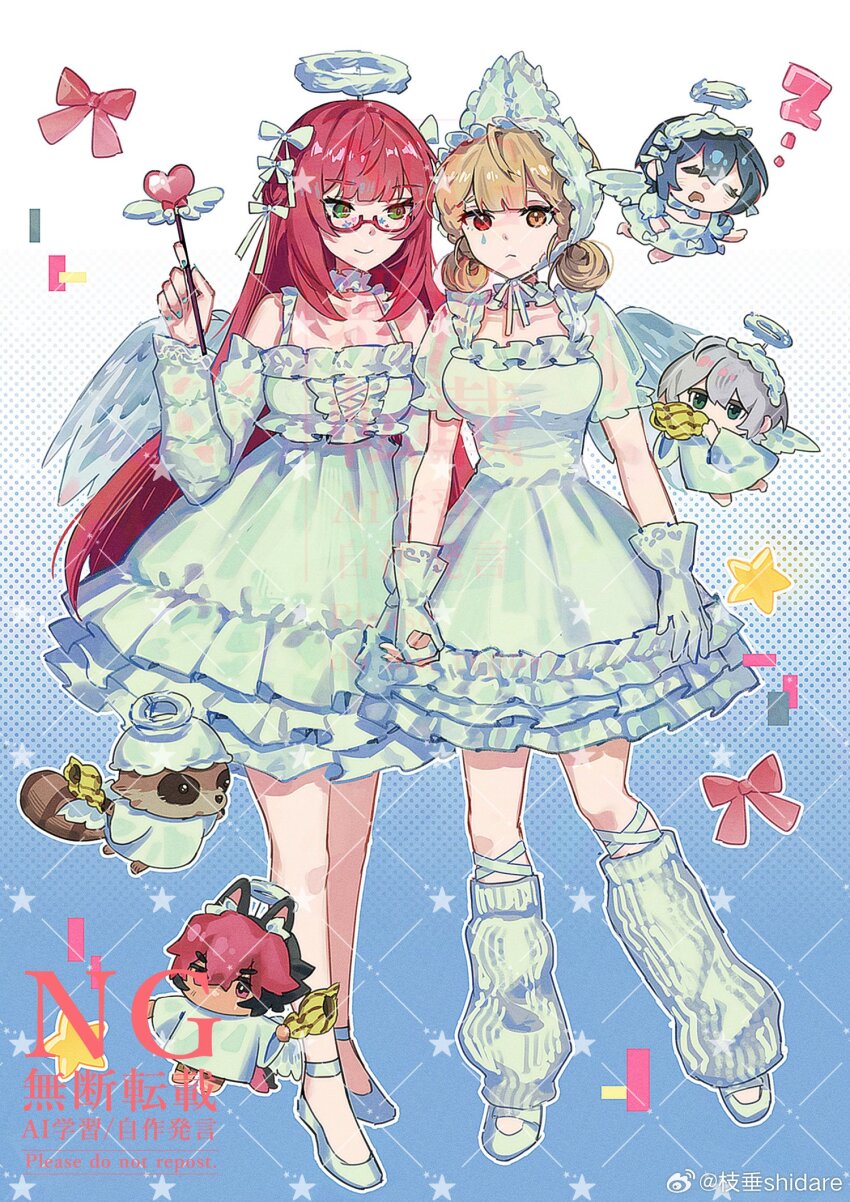 2boys 3girls :&lt; alice_thymefield animal_ears belle_(zenless_zone_zero) blue_background blue_hair breasts cleavage commentary dog_boy dog_ears dress drooling ears_under_headwear fake_halo full_body glasses green_eyes grey_hair halo highres holding_hands kama_(zenless_zone_zero) kneehighs komano_manato low_twintails mouth_drool multicolored_hair multiple_boys multiple_girls official_alternate_costume rabbit_ears rabbit_girl red_eyes red_hair shidare_(youh4016) shoes simple_background sleeping smile socks standing teardrop_facial_mark twintails two-tone_hair ukinami_yuzuha watermark watermark_grid white_dress white_shoes white_socks wise_(zenless_zone_zero) yellow_eyes zenless_zone_zero