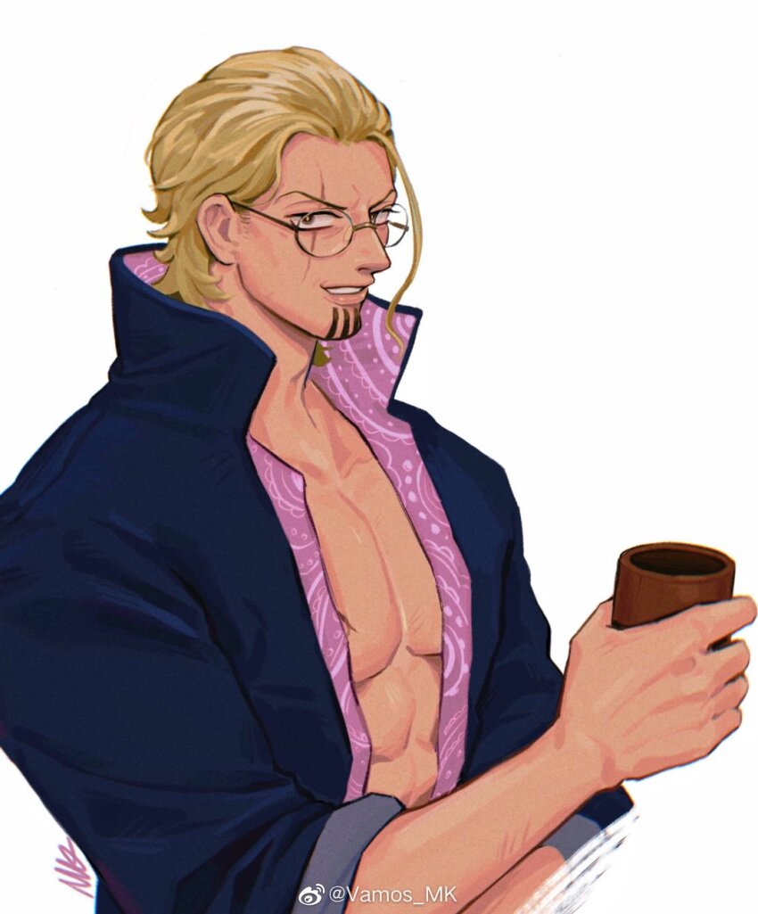 1boy adam&#039;s_apple bare_pectorals black_coat blonde_hair coat cup facial_hair glasses goatee highres holding holding_cup long_sleeves looking_at_viewer male_focus one_piece parted_lips pectorals scar scar_across_eye scar_on_face silvers_rayleigh simple_background solo toned toned_male vamos_mk white_background