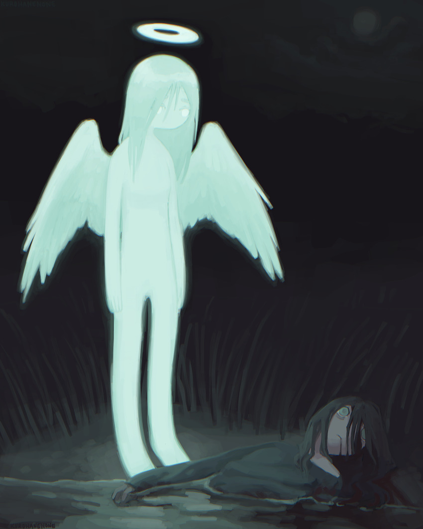 2girls absurdres angel blood blood_on_clothes blood_on_face brown_hair commentary empty_eyes english_commentary feathered_wings ghost glowing glowing_halo glowing_wings green_eyes haibane_renmei halo highres implied_death implied_suicide kurohanenone moon multiple_girls night night_sky outdoors partially_submerged reeds sky spirit sweater water wings