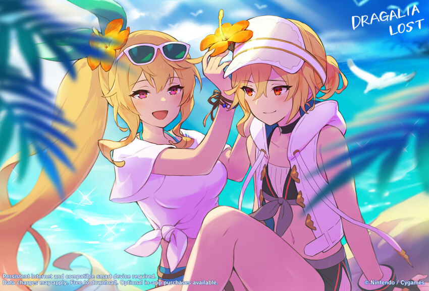 2girls alex_(dragalia_lost) beach blue_sky blush breasts cygames dragalia_lost elisanne elisanne_(summer) english_text flat_chest flower flower_on_head hair_flower hair_ornament hat hood hoodie long_hair looking_at_another medium_breasts multiple_girls navel nintendo ocean official_art open_mouth orange_eyes palm_tree pink_eyes ponytail promotional_art sand shirt shorts sky smile sunglasses_on_head swimsuit tree vest water yuri