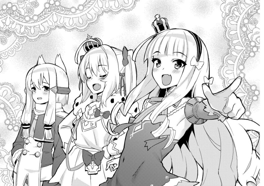 3girls ahoge animal_ears azur_lane azur_lane:_queen&#039;s_orders batsu crown dog_ears dress elbow_gloves gloves greyscale monochrome multiple_girls official_art queen_elizabeth_(azur_lane) second-party_source upper_body valiant_(azur_lane) warspite_(azur_lane)