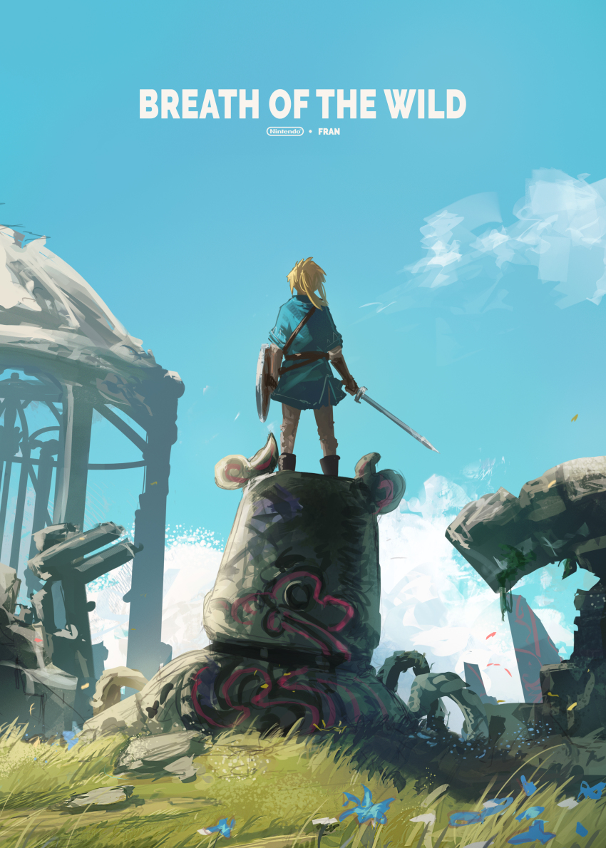 absurdres blonde_hair blue_sky blue_tunic boots copyright_name day facing_away flower franlol gloves grass guardian_(zelda) highres holding holding_shield holding_sword holding_weapon knee_boots link male_focus master_sword medium_hair nintendo outdoors pants ponytail ruins scenery shield sky solo stone sword the_legend_of_zelda the_legend_of_zelda:_breath_of_the_wild tunic weapon white_pants