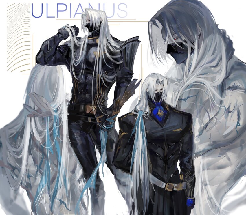 1boy arknights arm_at_side armor ascot belt black_belt black_coat black_gloves black_mask black_pants black_skirt blue_ascot blue_ribbon character_name coat collage commentary compression_shirt covered_abs covered_mouth cowboy_shot curtained_hair english_commentary facing_away feet_out_of_frame gloves hair_over_shoulder hair_ribbon hand_in_own_hair hand_on_own_neck highres holding holding_own_hair holding_ribbon long_hair low_ponytail male_focus mask mouth_mask multiple_views muscular muscular_male ninja_mask pants parted_bangs pectorals ponytail profile red_eyes ribbon s11puha sanpaku scar scar_on_arm scar_on_back shoulder_armor skirt topless_male ulpianus_(arknights) upper_body very_long_hair white_background white_belt white_hair