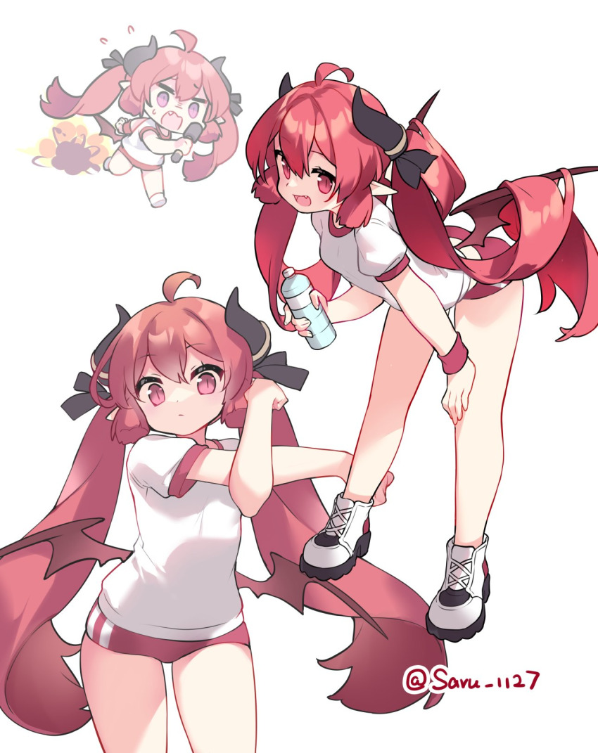 1girl :d ahoge bent_over black_horns black_ribbon blue_archive bottle buruma chibi chibi_inset closed_mouth cowboy_shot cross-body_stretch demon_horns demon_wings duplicate explosion fang flying_sweatdrops full_body hair_ribbon highres holding holding_bottle horns junko_(blue_archive) long_hair looking_at_viewer multiple_views open_mouth pixel-perfect_duplicate pointy_ears red_buruma red_hair ribbon running saru shirt shoes short_sleeves simple_background smile sneakers stretching sweatband twintails twitter_username water_bottle white_background white_footwear white_shirt wings