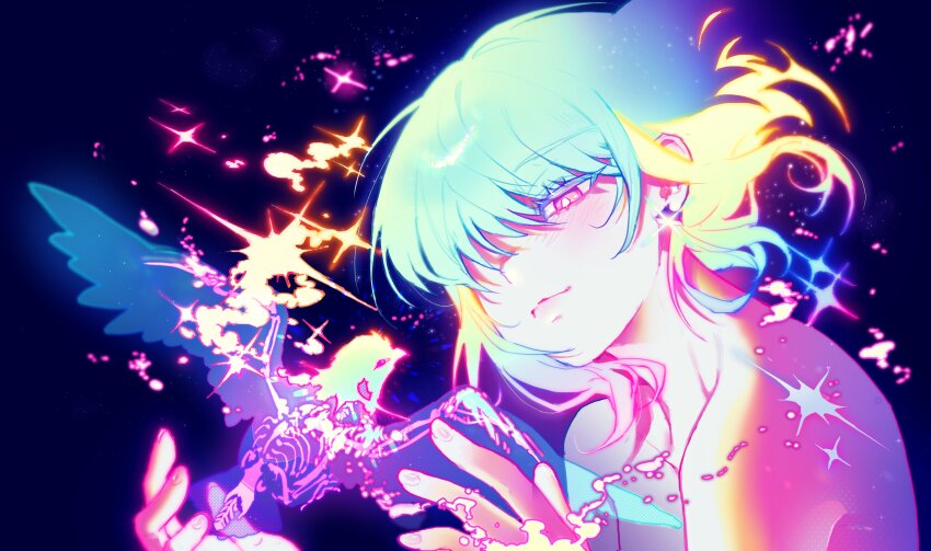 1boy absurdres androgynous animal arms_up bird blue_background blush choyang_(cho02415) closed_mouth collarbone eyelashes floating_hair hair_over_one_eye highres light_smile lio_fotia looking_at_animal male_focus multicolored_hair nude one_eye_covered promare purple_hair short_hair skeleton solo sparkle