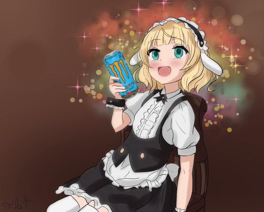 blonde_hair can chair derivative_work drink_can energy_drink flatculture fleur_de_lapin_uniform gochuumon_wa_usagi_desu_ka? green_eyes highres kirima_syaro maid maid_headdress meme monster_energy open_mouth rainbow screenshot_redraw short_hair sitting sketch soda_can tiara