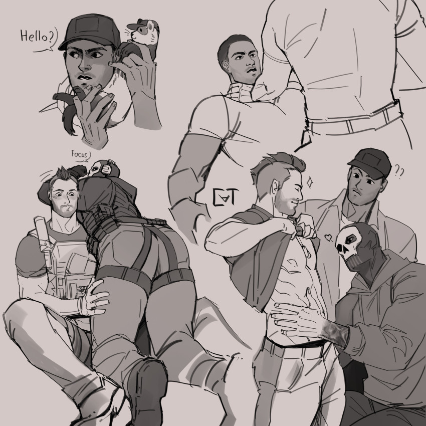 3boys ? ?? abs absurdres animal arm_tattoo ass asymmetrical_hair bara bare_pectorals baseball_cap blush bulletproof_vest call_of_duty call_of_duty:_modern_warfare_2 closed_eyes closed_mouth clothes_lift dark-skinned_male dark_skin english_text facial_hair gaz_(call_of_duty_4) ghost_(modern_warfare_2) hat heart highres hood hood_down hoodie large_pectorals looking_at_another male_focus mask multiple_boys muscular muscular_male navel nipples pants pectorals shirt shirt_lift short_hair sidecut skull_mask smile soap_(modern_warfare_2) sundaycat3 tattoo undercut yaoi