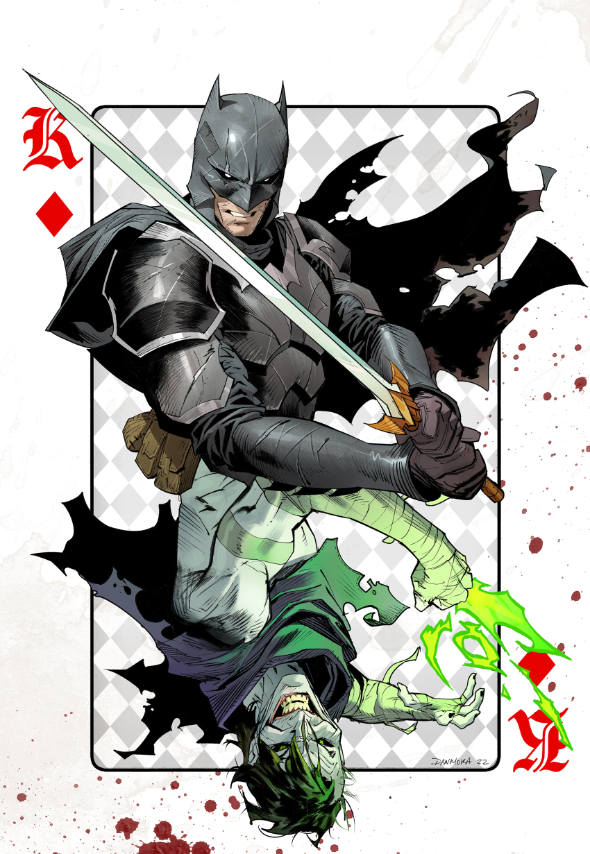 2boys absurdres armor bandaged_arm bandages batman batman_(series) black_cape black_sclera breastplate cape card clenched_hand cloak colored_sclera dan_mora dark_knights_of_steel dc_comics green_eyes grey_hair grin helmet highres holding holding_sword holding_weapon king_(playing_card) king_of_diamonds looking_at_viewer magic male_focus multiple_boys pauldrons playing_card purple_cloak short_hair shoulder_armor smile sword the_joker torn_cape torn_cloak torn_clothes vambraces weapon
