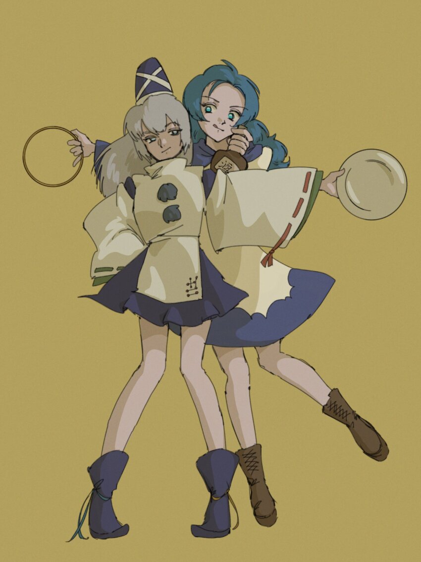 2girls ankle_boots batsu_13 blue_dress blue_eyes blue_footwear blue_hair blue_hat blue_ribbon blue_sky boots breasts brown_footwear closed_mouth detached_sleeves dress footwear_ribbon full_body green_ribbon grey_hair hat hat_ribbon highres hood hood_down hoop japanese_clothes kariginu kumoi_ichirin long_sleeves mononobe_no_futo multiple_girls parted_bangs plate pom_pom_(clothes) ribbon shirt simple_background sky small_breasts smile standing tate_eboshi touhou white_dress white_ribbon white_shirt wide_sleeves yellow_background